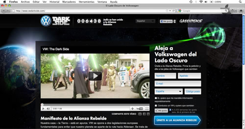 Greenpeace parodia el popular spot "The Force" en su campaña contra Volkswagen como denuncia por su contaminación